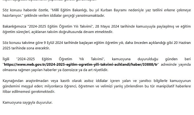 MEB'den erken yaz tatili iddialarına yalanlama